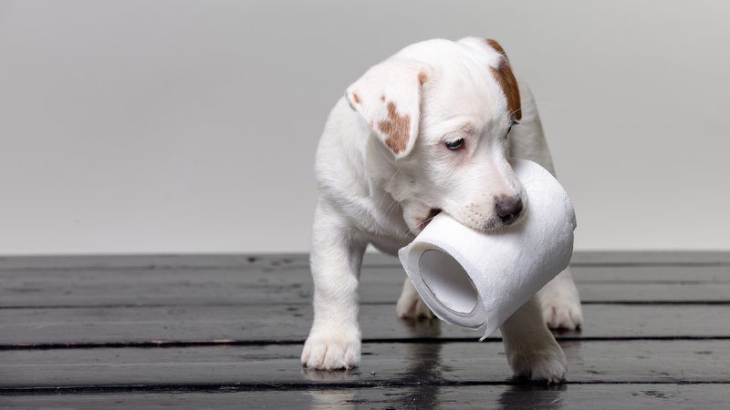 cute jack russel puppy playing with toilet paper.